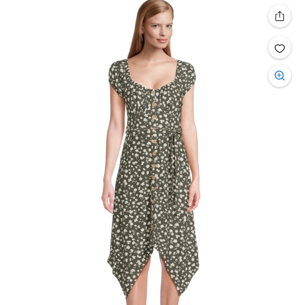 Summer Casual Juniors Button Front Floral Hanky Hem Dress, Green & White, L, NWT